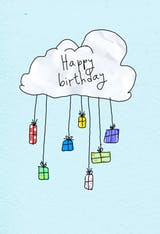 Dreamy Birthday, a simple hand-drawn birthday card with presents hanging from a cloud